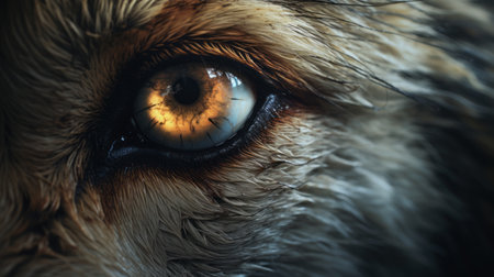 the photo showcases a highly detailed illustration of a wolf's eye with captivating yellow eyes. rendered in the style of cryengine and unreal engine, the illustration features a dark orange and light beige color palette. the life-like avian illustrations add to the gritty reportage and captivating visual storytelling of the image. ai generatedの素材