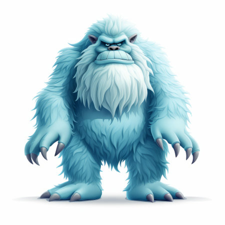 a cartoon monster stands, gazing at the camera. it is isolated on a white background and portrayed in a unique style combining dark white and light azure colors. the monster's fur is depicted with intricate detail, resembling himalayan art. the creature's immense size and the meticulous attention to its features evoke a sense of raw vulnerability. the image also incorporates elements of mythological iconography. aiの素材