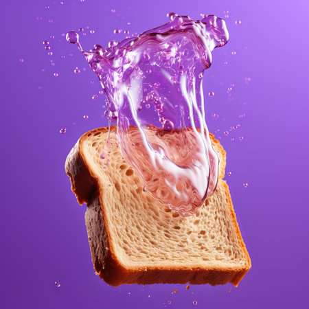 a photo of a bread with a water splash captured mid-air, set against a dark background. the image showcases a unique artistic style, combining violet and beige tones with bold saturation. influenced by innovators like daniel arsham, glitchpunk, and john wilhelm, this photo expertly juxtaposes elements to create extraordinary color interactions. ai generatedの素材