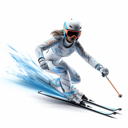 a woman skiing with a strong facial expression, captured in a realistic hyper-detailed rendering. the futuristic optics enhance the light white and light bronze tones, creating a visually striking image. the light white and light blue elements add a touch of elegance to this princesscore-inspired scene. this captivating photograph is a contest winner, showcasing the woman's determination and skill on the slopes. ai generatedの素材