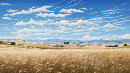 the illustration features a realistic and hyper-detailed rendering of a wheat field and clouds in the background. it is inspired by the california impressionism style and the works of artists like jeff keane and mark lovett. the freehand painting technique and flattened perspective add depth to the image, reminiscent of the style of pendleton ward. ai generatedの素材