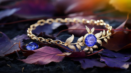 a golden leaf adorned with purple sapphires and surrounded by dark violet and dark azure leaves. this exquisite piece, inspired by the works of kinuko y craft and apollinary vasnetsov, combines natural and man-made elements. with its timeless beauty and dreamy, romantic compositions, it captures the essence of georg jensen's artistic vision. ai generatedの素材
