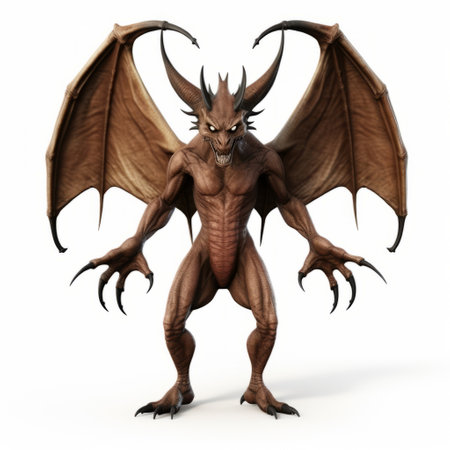 a scary brown demon with outstretched hands is depicted on a white background. this highly detailed and realistic artwork, in the style of dragoncore, showcases naturalistic shadows that add depth and dimension. created by the talented artist raphael lacoste, the demon's distinctive character design exudes a lively and energetic presence. this matte photo captures the intricate details of the demon's features. ai generatedの素材