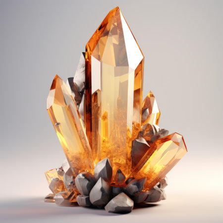 the crystal in orange, yellow, and white is a highly realistic piece crafted with a futuristic victorian style. its light gold and dark cyan hues create a mesmerizing contrast, while the dusty piles add a touch of elegance. made with precious materials, this smooth and shiny crystal exudes a light-filled aura. ai generatedの素材