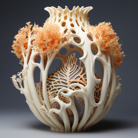 a tall vase and coral sculpture, created by an artist, showcases intricate webs and ethereal biomorphism. the sculpture, captured using focus stacking, features a mesmerizing combination of light yellow and orange hues. inspired by organic designs and detailed nature depictions, this artwork is a testament to the artist's skill and creativity. mike campau's unique vision is evident in this stunning piece. ai generatedの素材