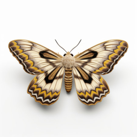 a hyperrealistic rendering of a butterfly perched delicately inside a glass on a white background. the butterfly showcases a stunning combination of light gold and dark beige hues, while the composition emphasizes symmetry and repetition. with hints of dark white and yellow, this artwork draws inspiration from the vienna secession movement. created using maya software by the talented artist mahiro maeda. ai generatedの素材