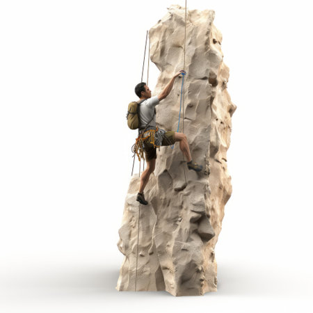 a 3d model of a man hiking up a mountain wall, wearing a backpack, showcases traditional techniques like plaster. this associated press photo captures the essence of a hanging scroll with its masterful technique. the image exudes grit and grain, while also evoking a strong sense of human connection. ai generatedの素材