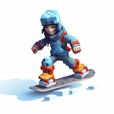 pixel artist nathan showcases his talent in this highly stylized figure, featuring a grunge skateboarding scene. with elements of voxel art, snow scenes, and low poly aesthetics, this aggressive digital illustration captivates with its colored cartoon style. ai generatedの素材