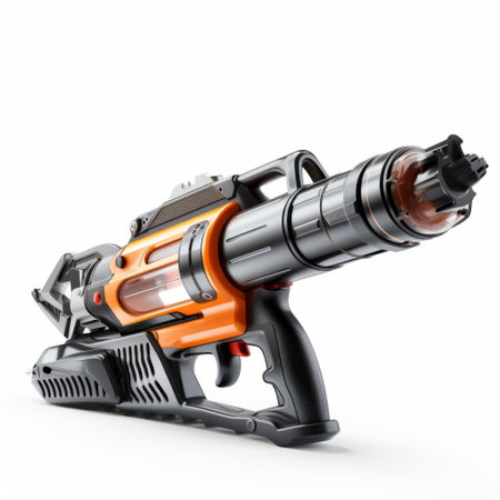 the bbs bullet gun is a hyper-realistic, futuristic contraption made from a vibrant orange and black material. its streamlined design and colorful futurism make it stand out as a suburban ennui capturer. with its hyper-detailed rendering and the use of iso 200, this gun is a true work of art, resembling a hyper-realistic oil painting. ai generatedの素材