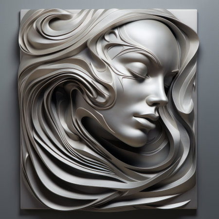 a 3d graphical woman face sculpture, designed with paper mache, showcases a unique style resembling liquid metal. the flowing textures and smooth, curved lines add depth to this large canvas format artwork. influenced by renowned artists such as artgerm, sandro botticelli, and nikita veprikov, this sculpture is a captivating blend of creativity and craftsmanship. ai generatedの素材