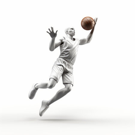 a white 3d rendered basketball player jumps in the air, resembling a relief sculpture. the artwork showcases precise detailing and utilizes creative techniques such as ambient occlusion and foreshortening. the realistic portrayal of the player's movement highlights the polished craftsmanship. this image is available under a creative commons attribution license. ai generatedの素材