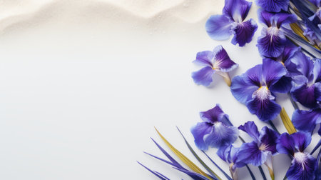 purple iris flowers bloom gracefully on a bed of fine sand, creating a minimalistic composition. the light navy and light indigo hues of the flowers add a touch of elegance to the delicate arrangement. against a white background, the combination of natural and man-made elements creates a visually captivating scene. soft focal points and colorful arrangements further enhance the overall aesthetic. ai generatedの素材