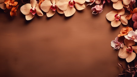 an orchid with petals in light pink and dark orange hues stands out against a brown background. the vibrant colors of the flower complement the surrounding decorative borders, resembling colorful woodcarvings. this high-resolution, aerial view image showcases the intricate nature-based patterns found in the orchid, creating a visually stunning and captivating composition. ai generatedの素材