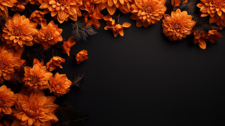 a photo of a dark and spooky-themed flower arrangement on a table with a frame and a dark background. the arrangement features a monochromatic color scheme of dark orange and dark black, creating a minimalist and sculpted look. the detailed background adds to the overall hyper-detailed aesthetic of the image. ai generatedの素材