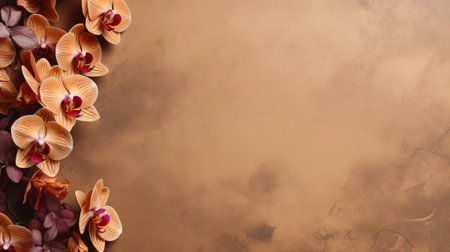 aerial view of a free floral background featuring pink orchids and flowers. the minimalist photography showcases the dark beige and bronze plaster, with decorative borders in dark orange and brown. this unique composition combines natural and man-made elements, creating a captivating visual experience. ai generatedの素材