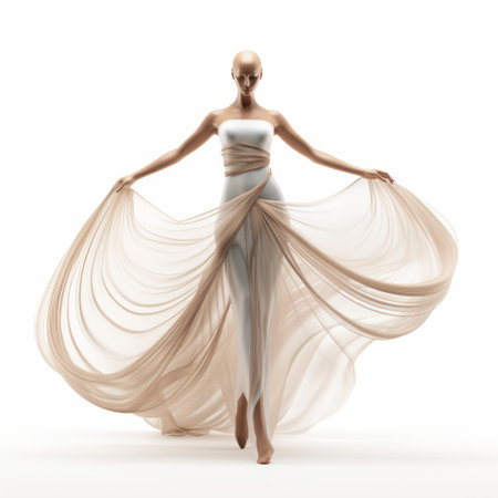 a beautiful woman in a white long gown, rendered in cinema4d, showcases flowing fabrics and innovative techniques. her light brown hair complements the barbiecore style, while the clear and crisp rendering enhances the overall aesthetic. the gown elegantly wraps around her, creating a captivating visual. ai generatedの素材