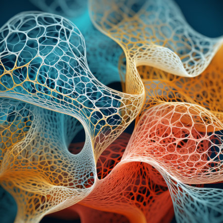 abstract artwork featuring vibrant colored wires and yarn, showcasing layered organic forms with a solarization effect. the composition incorporates shades of orange and blue, reminiscent of infinity nets. the piece draws inspiration from bone and shaped canvases, with intricate crosshatching adding intricate detail. ai generatedの素材