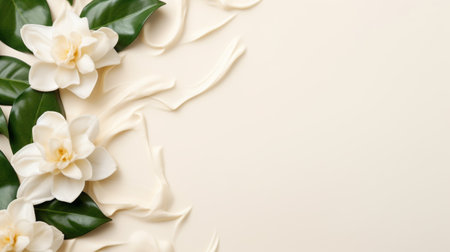 soft white magnolia flowers create a delicate flower border against a beige background in this innovative and minimalistic composition. the open space allows the viewer to appreciate the intricate leaf patterns. this uhd image, inspired by the style of alberto seveso, showcases multi-layered compositions and is available under a creative commons attribution license. ai generatedの素材