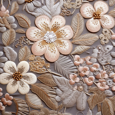 a grey wall adorned with elegant pink and brown flowers resembling opulent wall hangings. the intricate relief sculpture showcases delicate compositions in light orange, light gold, light brown, and white. the subtle accents of light silver and light beige add a touch of sophistication to this porcelain-inspired masterpiece. ai generatedの素材