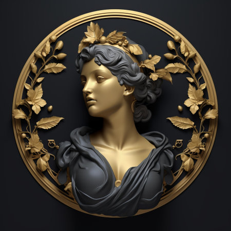 a golden carving handcrafted by samri, inspired by the realistic rendering style of jessica drossin. this exquisite piece features a combination of dark gray and light gold tones, meticulously rendered in cinema4d. the craftsmanship pays homage to the artistic influence of frederic bazille, while the photograph was captured using an olympus xa2 camera. the artwork is presented in a tondo format, adding a unique touchの素材