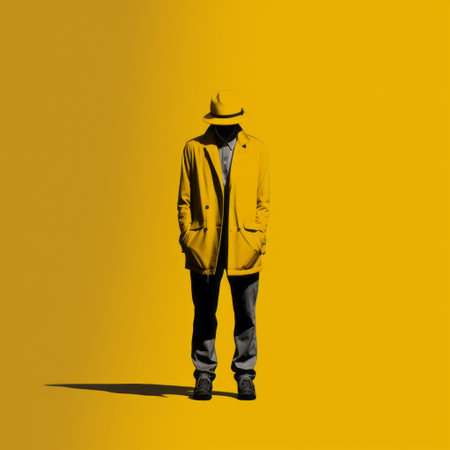 Foto de a white man, dressed in a red jacket and wearing a hat, stands against a vibrant yellow background. the image showcases a digitally manipulated style, reminiscent of urban minimalism. the color palette features dark yellow and bronze tones, with isolated figures in the foreground. the photograph, captured on 70mm film, is the work of anton fadeev. ai generated - Imagen libre de derechos