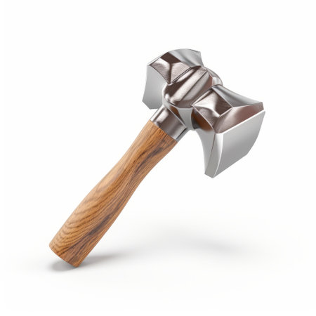 a hyperrealistic and photorealistic image of a hammer in png and psd format. the hammer features sterling silver highlights and is showcased on a white background. the precisionist style captures the intricate details of the bentwood handle. this 15th-century inspired image is available in stunning 8k resolution. ai generatedの素材
