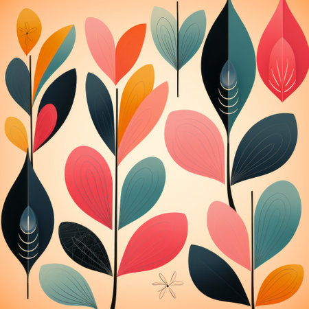 retro leaves isolated on a vibrant yellow background, featuring a playful use of shapes in the style of dark teal and light red. the illustration showcases intricate and delicate flower and garden paintings with streamlined and flowing forms, incorporating light pink and dark orange accents. this mid-century inspired artwork exudes a timeless charm. ai generatedの素材