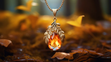 a golden leaf pendant, crafted with exquisite traditional craftsmanship, hangs high on fallen leaves in a forest near a tree. this daz3d-style pendant features a light gold and amber color, adorned with a beautiful gemstone. created by mike campau, the pendant is enhanced by the presence of water drops, adding to its allure. ai generatedの素材
