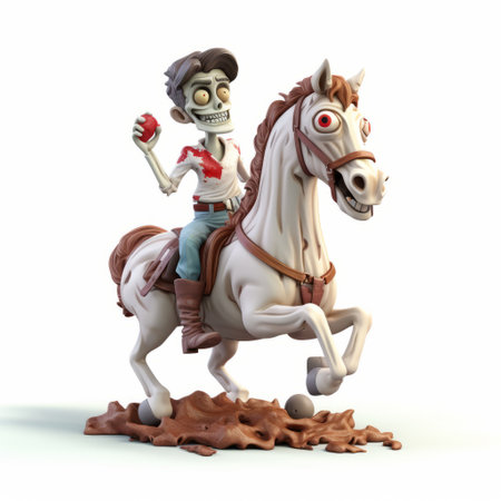 a quirky 3d sculpture of a zombie riding a horse, featuring detailed character expressions. this unique artwork by tiago hoisel showcases a desertwave theme with a color palette of white and crimson. the sculpted design brings the zombie and horse to life, creating a captivating and visually stunning piece. ai generatedの素材