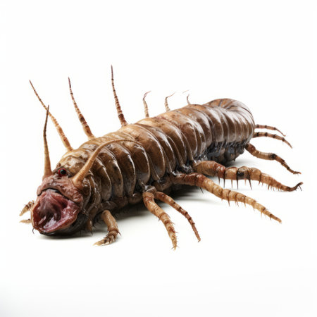a giant centipede is captured in this image, set against a white background. the photo is reminiscent of medical imaging film, showcasing unpolished authenticity. the centipede's natural fibers are highlighted, displaying a brown, raw, and edgy appearance. the image exudes a soggy atmosphere, with sharp attention to detail. ai generatedの素材