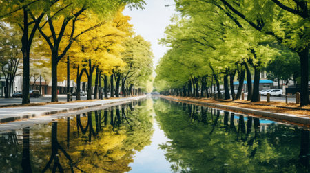 tree-lined streets in wolding river korea and hancheongnam showcase the vibrant colors of autumn leaves. the reflections and mirroring add a unique touch to the composition. this nature-inspired motif, captured with a nikon f2 in 32k uhd, creates an eye-catching and professional photograph. discover the beauty of these tree-lined streets in this stunning image by manapunk on unsplash. ai generatedの素材