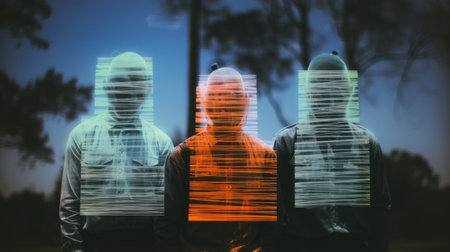 the photo showcases a highly detailed and realistic x-ray barcode, with a redwood, blackbeard, and turkish blue color scheme. the image features four dark figures standing back to back, with a dirty pool and glowing neon flare in the background. the tongue-in-cheek 90's alternative vibe is captured through the use of a polaroid film effect, giving the photo a nostalgic and slightly eerie feel. aiの素材