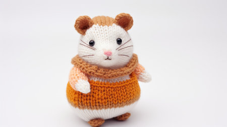 a knitted miniature mouse doll in orange and white, featuring expressive character designs reminiscent of artists like fernando botero and yuki katsura. the doll showcases multidimensional shading in light gold and orange tones. this unique creation by hermitpunk won a contest for its exceptional design. ai generatedの素材