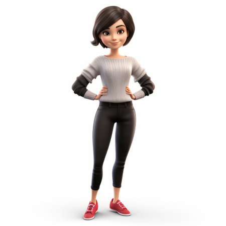 a 3d female model is depicted wearing sweat pants and a jacket, showcasing a cartoonish character design. this movie still features photorealistic renderings with a woven-perforated texture. the character's appearance is reminiscent of childlike, cartoonish characters, with vibrant colors and a velvia-like aesthetic. ai generatedの素材