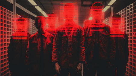 the photo showcases a highly detailed and realistic x-ray barcode in 4k resolution. the image features a combination of vibrant colors such as red, blacks, midnight blue, and pine, with a touch of glowing neon and whiteness. in the foreground, four dark figures stand back to back, giving off a dirty and junkie vibe. the photo has a shoegaze and alternative feel, reminiscent of 90'sの素材