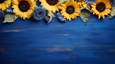 sunflowers showcased in a rustic texture, with a purple border, on a captivating blue canvas. the tabletop photography captures the essence of these vibrant flowers, with a selective focus on their dark blue and amber hues. the colorful woodcarvings and minimalist backgrounds add an eye-catching touch to this visually appealing composition. ai generatedの素材