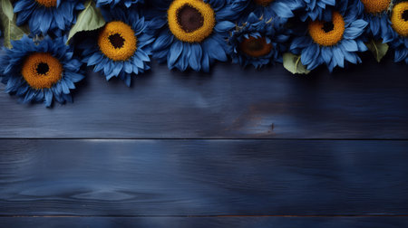 blue sunflowers arranged on a wooden background, providing ample space for writing. the photograph showcases a dark palette chiaroscuro style, with deep navy and dark amber hues. it is a tabletop photography image featuring bold color combinations and a monochromatic color scheme. the high-resolution uhd image captures the beauty of these unique flowers. ai generatedの素材