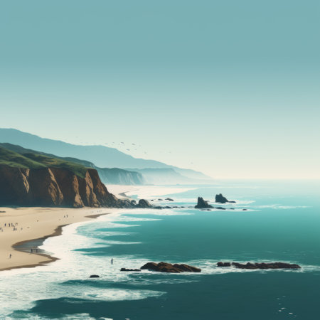 a birds-eye-view photograph of a cliff on the california coast, captured in a realistic landscape style with soft, tonal colors. this uhd image showcases the graphic design-inspired illustrations of the cliff, creating a dreamlike atmosphere. the teal hues add a touch of tranquility to this california plein air scene. ai generatedの素材