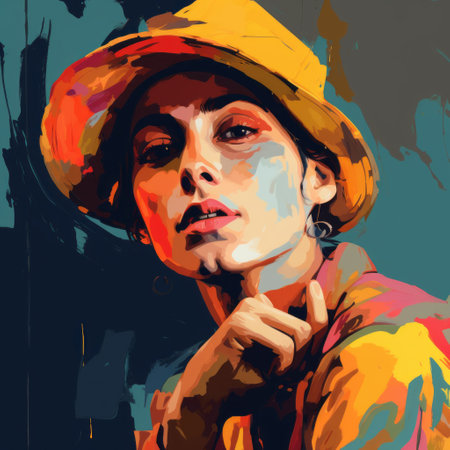 an exotic woman wearing a hat gazes into space in this expressive portrait. the vibrant color palette and loose, painterly style evoke the influence of artists such as bruno catalano, alphonse mucha, and emiliano ponzi. created using digital art techniques, this illustration captures the essence of the subject's contemplative mood. ai generatedの素材