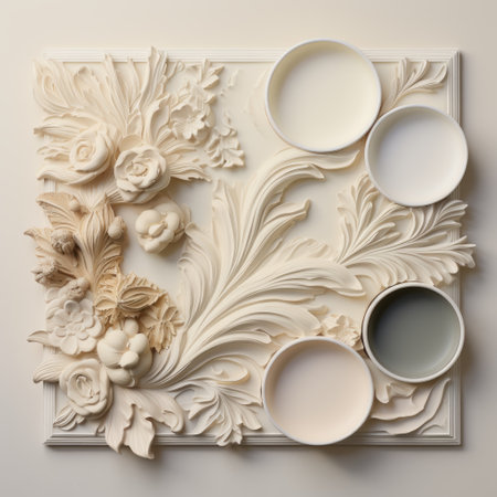 a white and blue colored wall adorned with wall-mounted flowers and pots. the relief sculpture style, inspired by rococo art, showcases a soft and muted color palette. the naturalistic painter has created a symmetrical arrangement with swirling vortexes, adding depth to this 8k 3d masterpiece. ai generatedの素材