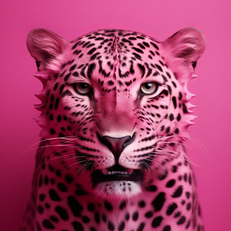 a leopard stands boldly in front of a vibrant pink background, creating a striking conceptual portrait. the use of zbrush and photo-realistic techniques brings out the hyper-realistic details, while the strong facial expression adds intensity to the image. the bold color usage, with shades of pink and crimson, enhances the overall visual impact. ai generatedの素材