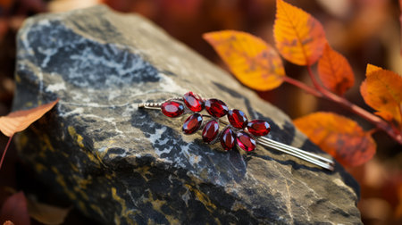 a silver brooch, expertly crafted with intricate details, is delicately placed on a rock alongside vibrant fall berries. this archaeological object showcases naturalistic poses and features a stunning combination of light red and dark maroon hues. the brooch, made of high-quality crystals, exhibits the skilled use of palette knives, resulting in a visually captivating piece. ai generatedの素材