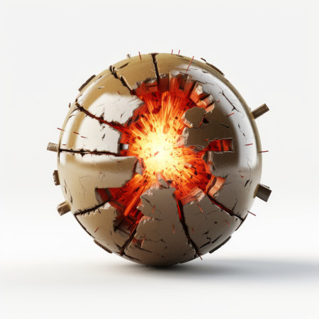 a brown model of the planet earth with a hole in it, resembling abstract expressionist explosions. this conceptual installation art piece by john wilhelm showcases a cracked earth, symbolizing vulnerability and destruction. the use of light gold and orange hues adds a captivating visual appeal. created using octane render, this metalcore-inspired artwork merges various artistic influences into a thought-provoking composition. ai generatedの素材