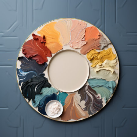 a plate of various color paints on a blue background, featuring a mix of masculine and feminine elements. the style is reminiscent of dark gray and light beige, with sculpted details in light beige and orange. the artwork by mike campau showcases rococo ornateness and sun-kissed palettes. ai generatedの素材