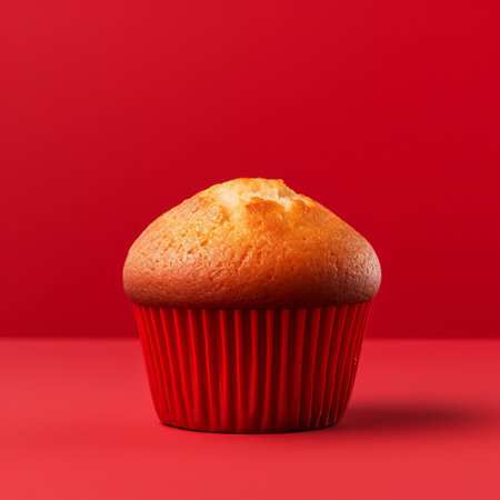 a muffin sits on a vibrant red surface, showcasing a hyperrealistic composition. the minimalist background, volumetric lighting, and sparse simplicity create a bombacore aesthetic. the dramatic and soft-focus elements enhance the overall visual impact of the photo. ai generatedの素材