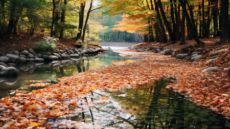 fallen leaves create a vibrant carpet along the wolding river in korea and hancheongnam. the reflections and mirroring add a unique touch to this nature-inspired scene. the light green and green hues bring a sense of tranquility to the composition. captured with a nikon f2, this eye-catching photograph showcases the beauty of the autumn season. ai generatedの素材