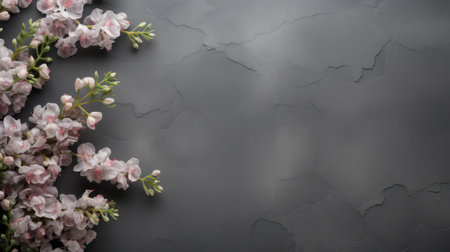 a blooming flower stands out against a cracked stone background with black paint, showcasing a minimalist aesthetic. the light pink petals contrast beautifully with the dark gray tones, creating a visually striking image. this uhd aerial view captures the delicate beauty of cherry blossoms, showcasing the traditional craftsmanship of nature. photographed by helene knoop. ai generatedの素材