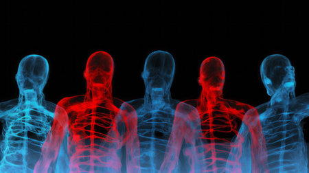 the photo captures a regretful moment with a realistic x-ray effect. in stunning 4k resolution, the highly detailed image showcases four dark figures in a dirty pool. the neon glow and barcode-like flare add an eerie atmosphere. with a baby blue and avocado color palette, the photo exudes a 90's alternative vibe reminiscent of polaroid film. the word "regretful" oozes from the image, making itの素材