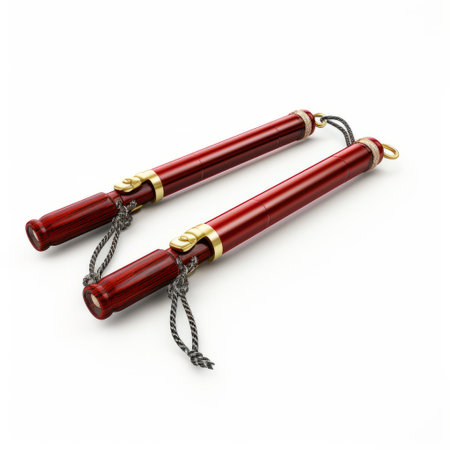two red kiasu, in the style of hyperrealistic precision, are showcased on a white background. this artwork exhibits swordpunk elements with its exacting precision and use of traditional techniques. the colors used, dark gold and dark crimson, create a visually striking contrast. the kiasu are depicted in a handheld manner, emphasizing their supple mass. ai generatedの素材