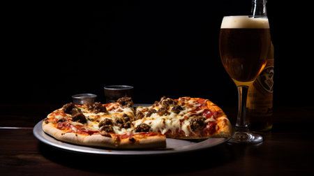 a slice of pizza and a beer are showcased on a platter in this industrial-style photograph. the composition, inspired by artists like bob eggleton, yankeecore, and nd stevenson, captures the essence of commercial imagery. the dark brown and white tones add a touch of sophistication to the scene, reminiscent of the works of alpo jaakola. ai generatedの素材